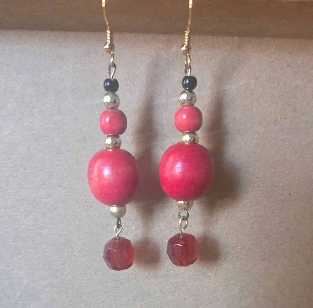 Boho Red Bead Dangle Drop Earrings